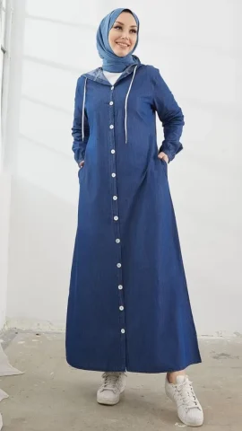 Chic Light Blue Hoodie Abaya with Side Pocket - FashionSensepk
