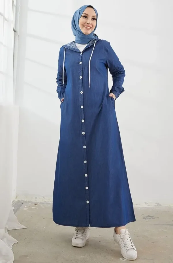 Chic Light Blue Hoodie Abaya with Side Pocket - FashionSensepk