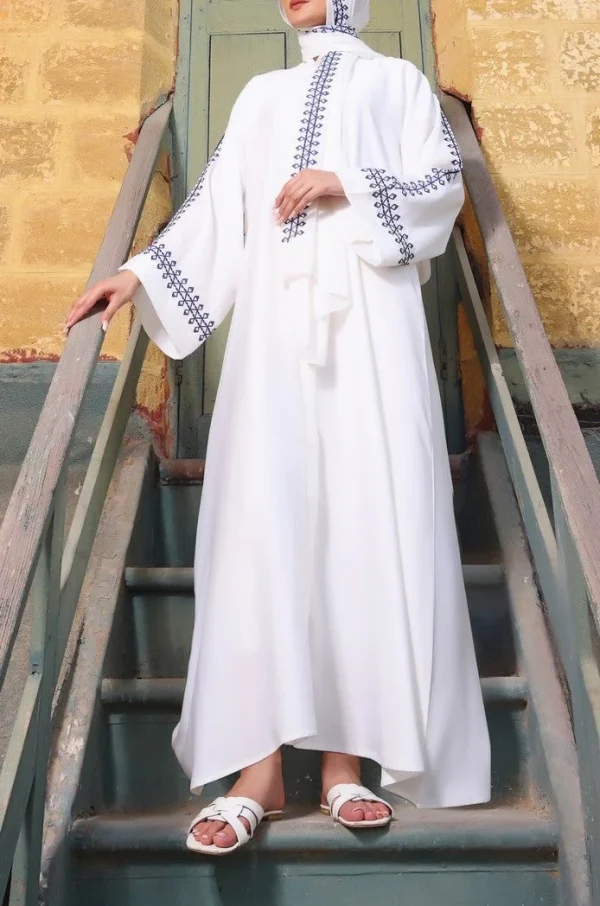 Front Open Embroidered Abaya White